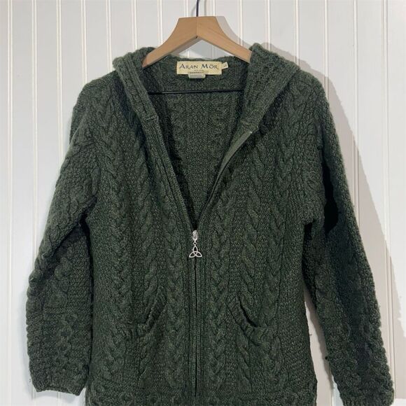 Aran MorMor 100% Merino Wool Ireland Green Cable Knit Hoodie Sweater L Fisherman - Picture 2 of 9